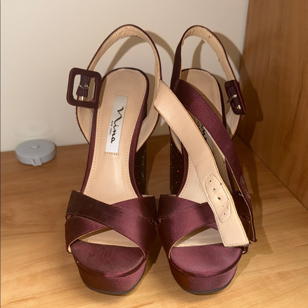 Nina Burgundy Satin Platform Slingback Heels